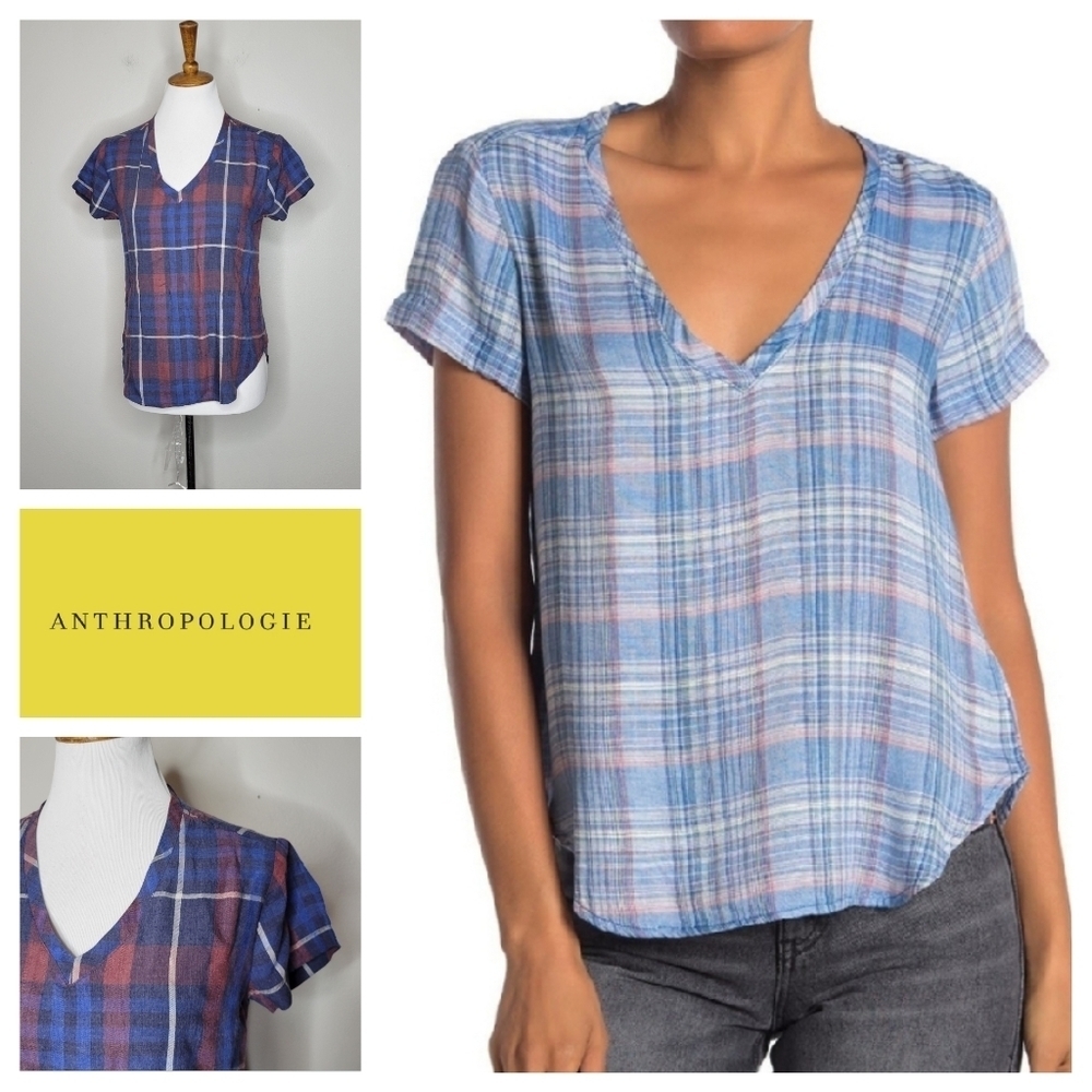 Cloth & Stone Plaid V Neck Short Sleeve Top Women XS Blue Red Casual Lightweight